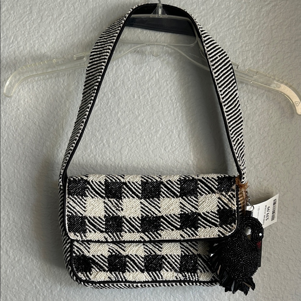 Beaded Bag! Chic Black and White Plaid Shoulder Bag with Black Swan